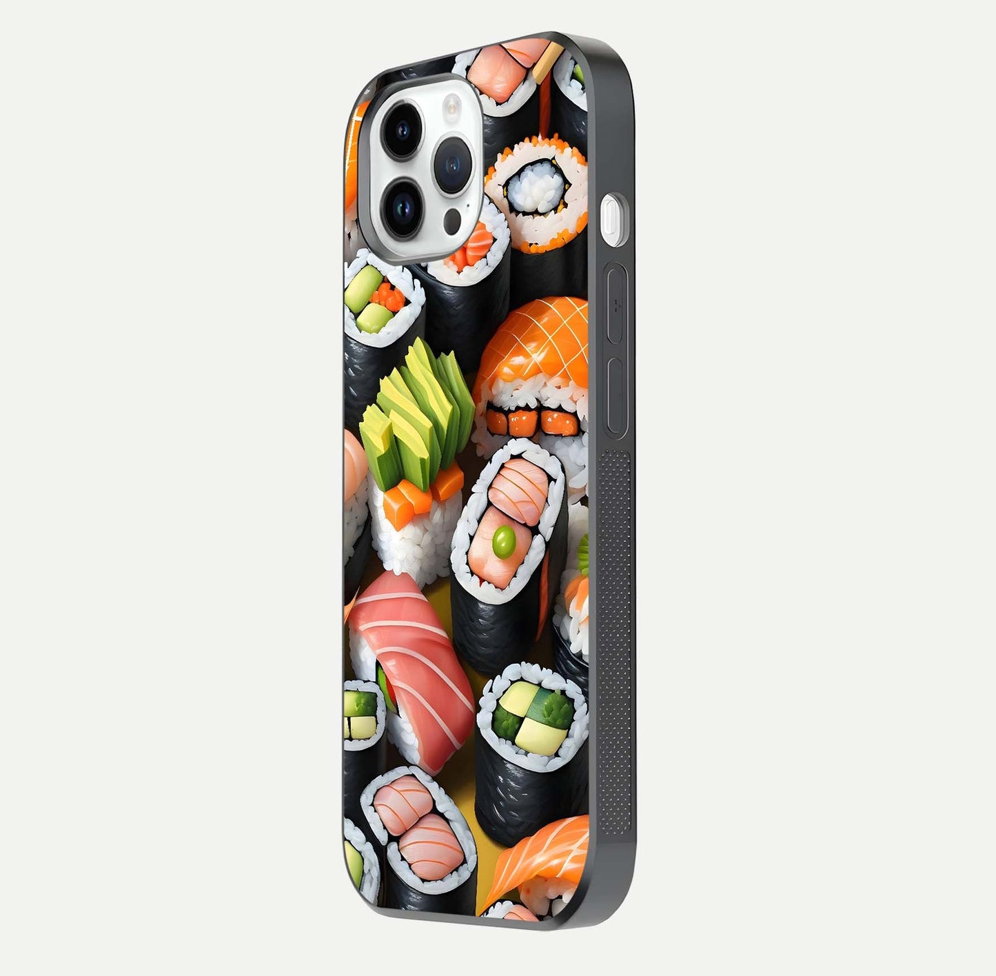 Sushi Food Pattern Glass Case for iPhone 14 Pro side-angle image showing shine, gloss, and sushi artwork