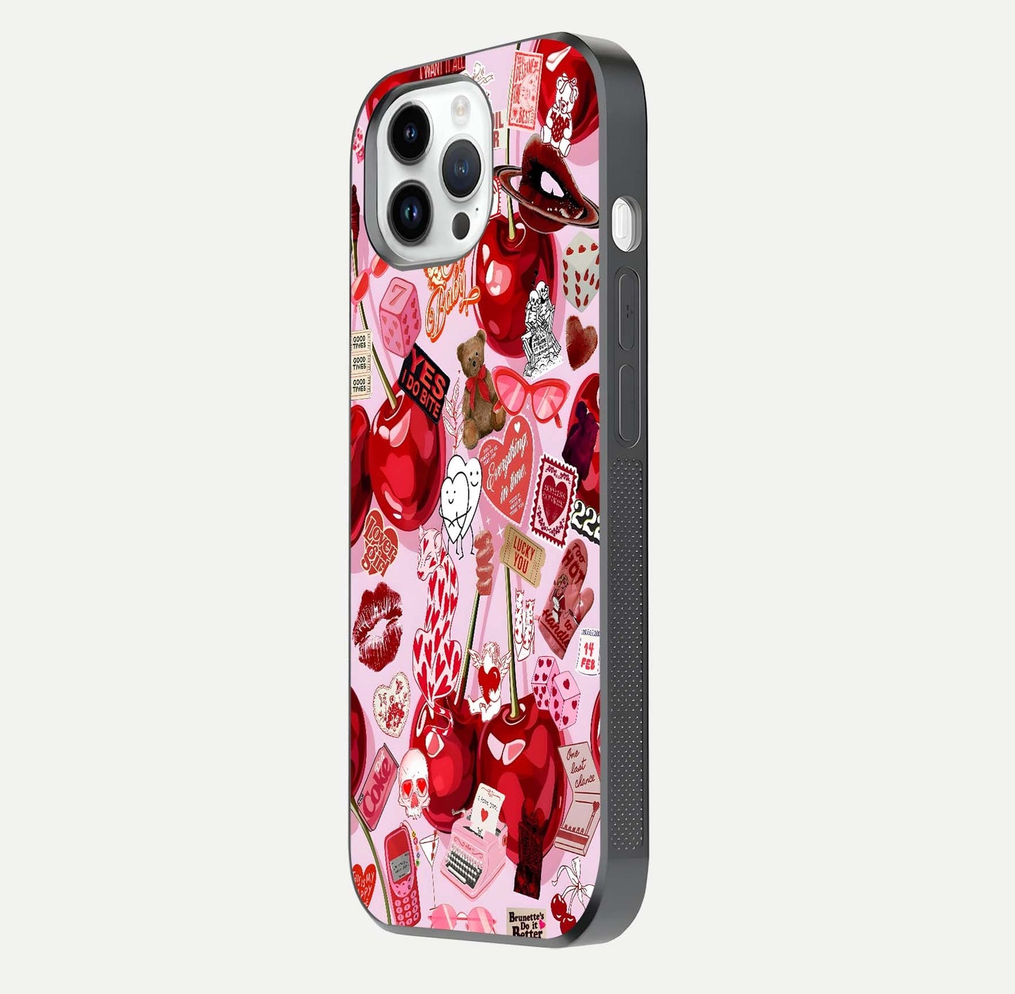 Sweet Cherry Chaos Glass Case for iPhone 14 Pro side-angle image showing shine, gloss, and cherry details