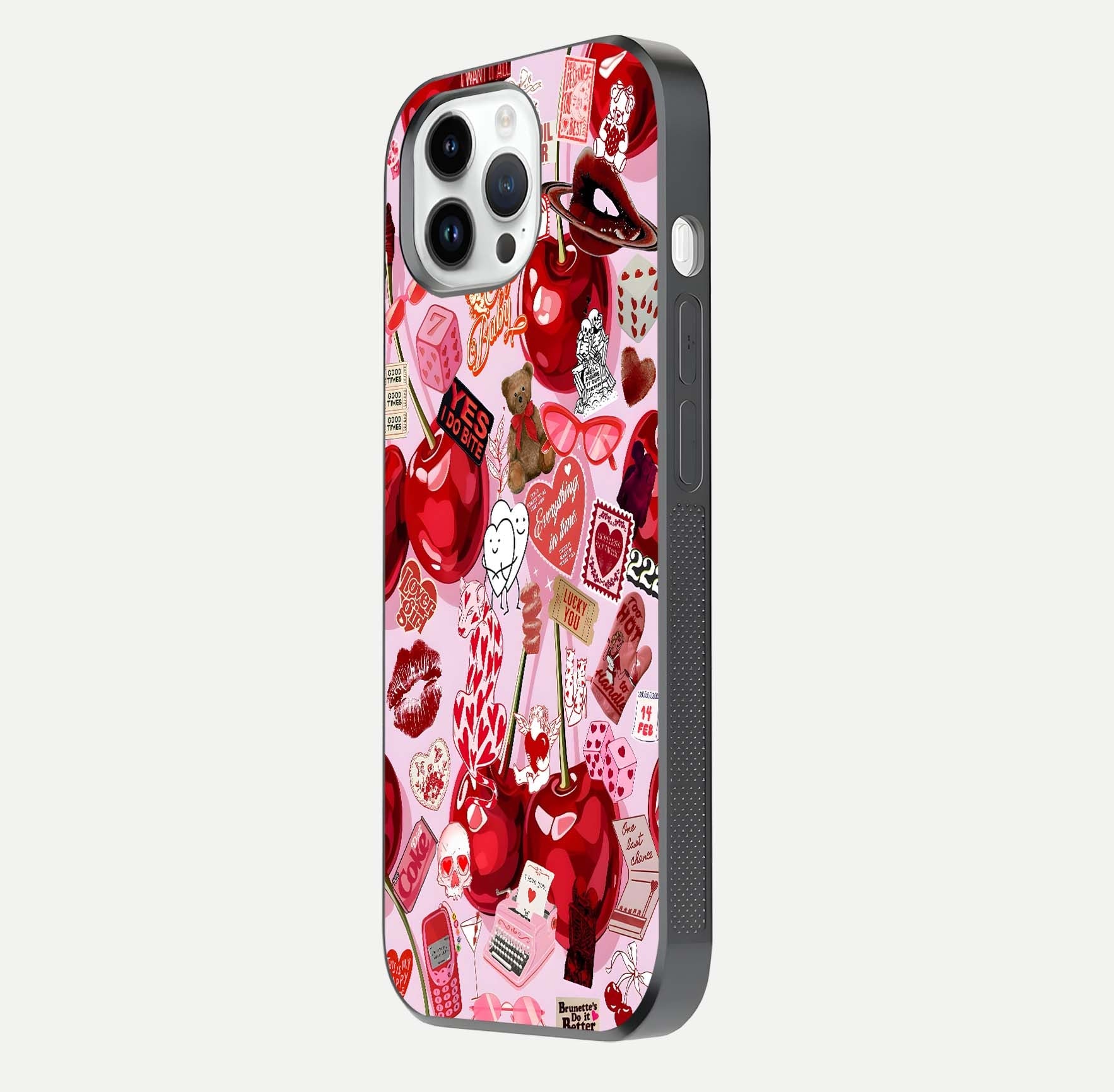 Sweet Cherry Chaos Glass Case for iPhone 14 Pro side-angle image showing shine, gloss, and cherry details