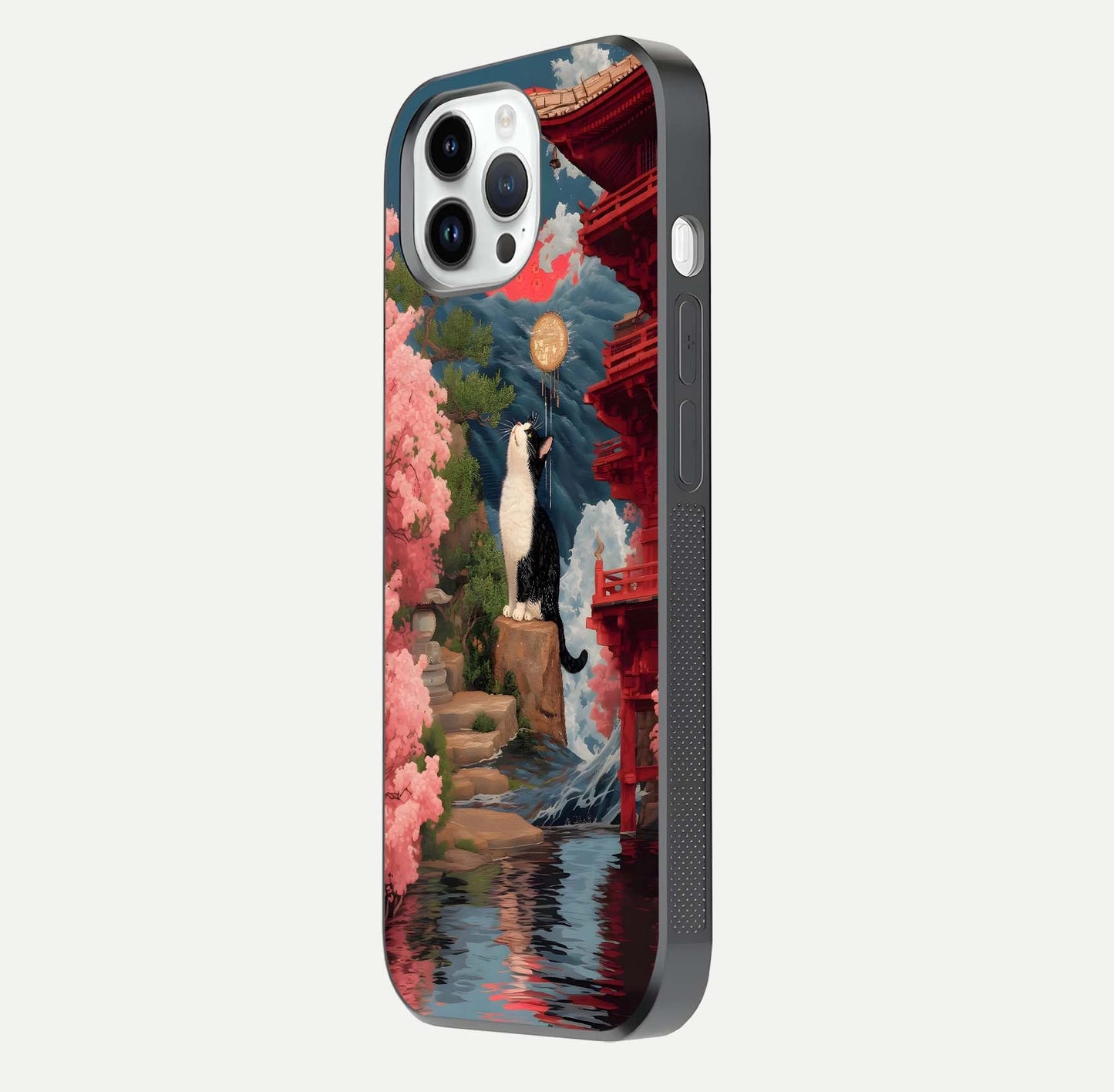 Temple Cat Scenery Glass Case for iPhone 14 Pro side-angle image showing shine and printed temple pattern