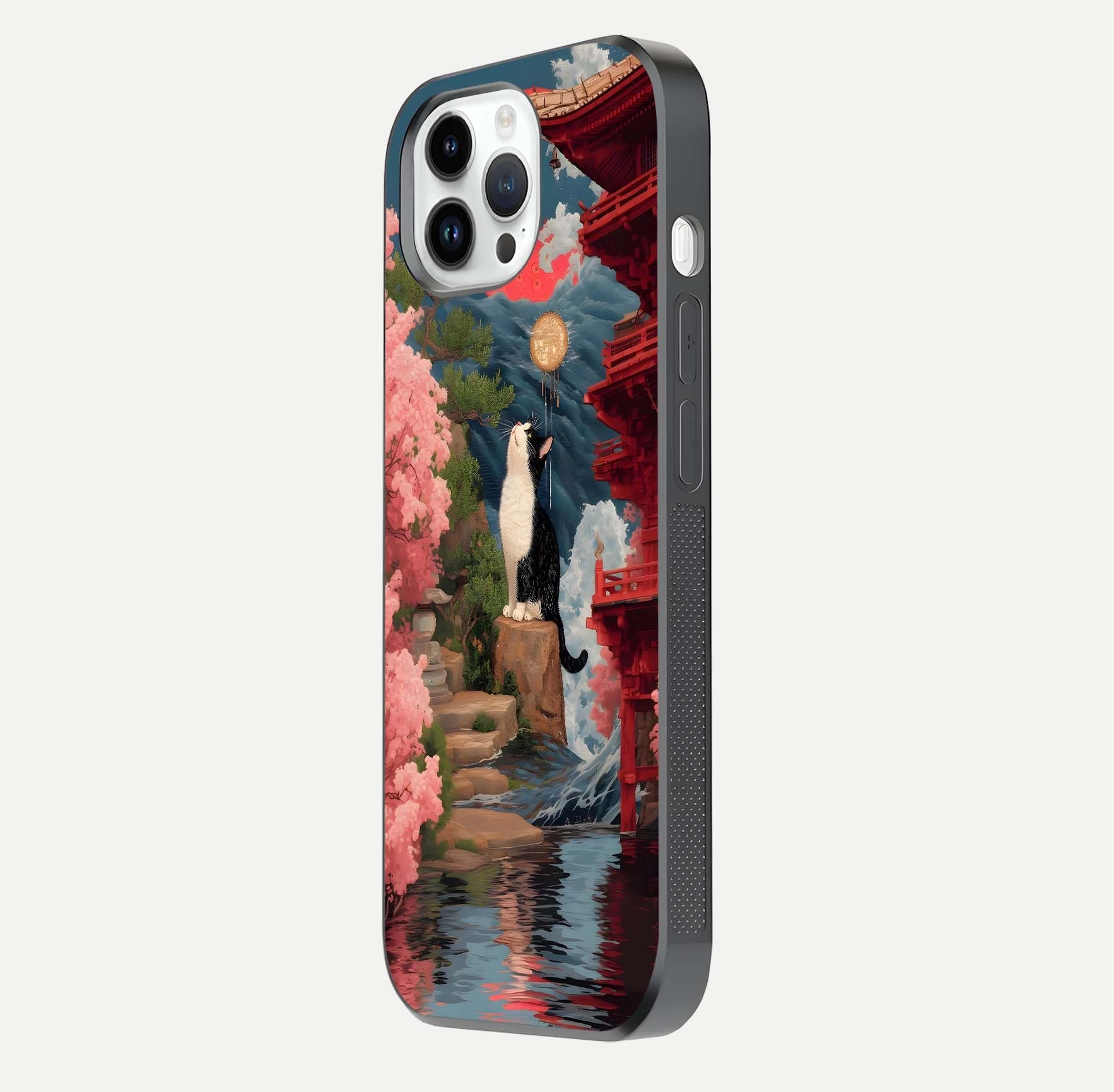 Temple Cat Scenery Glass Case for iPhone 14 Pro side-angle image showing shine and printed temple pattern