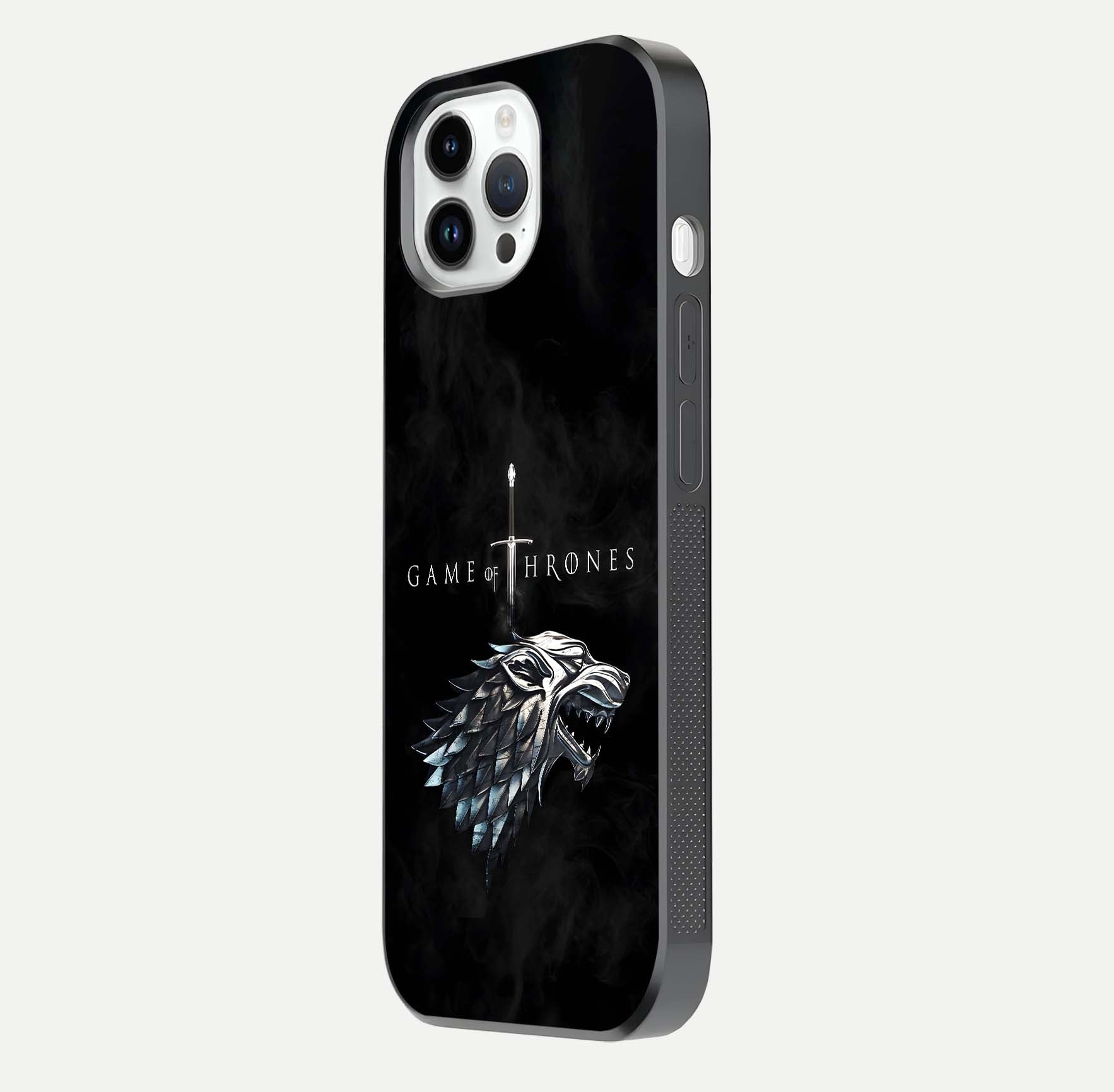 Throne Wolf Legacy Glass Case for iPhone 14 Pro side-angle image showing gloss, texture, and HD print