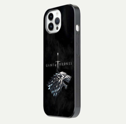 Throne Wolf Legacy Glass Case for iPhone 14 Pro side-angle image showing gloss, texture, and HD print