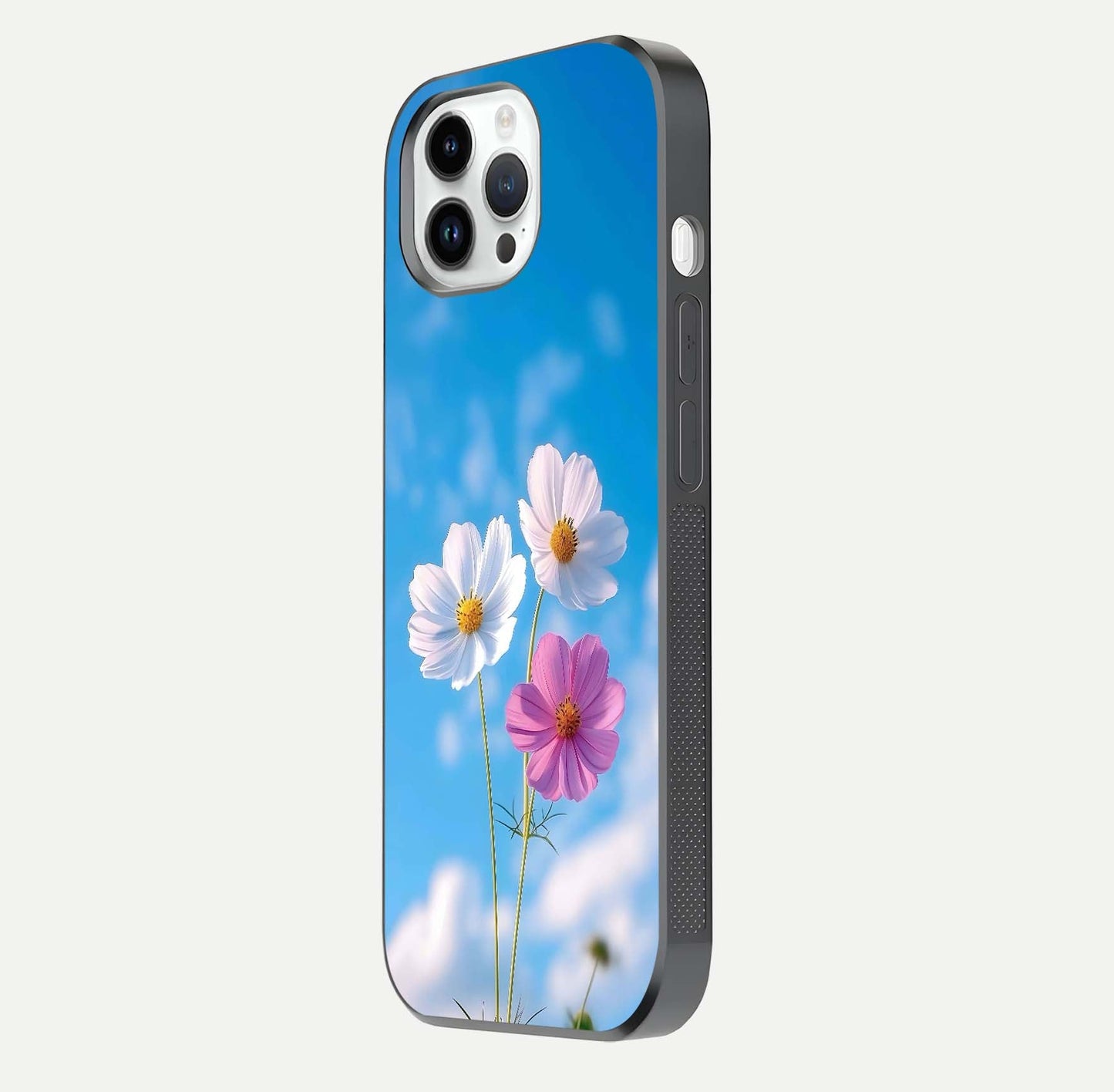 Triple Flowers With Sky Glass Case for iPhone 16 Pro side-angle image showing gloss, texture, and floral design