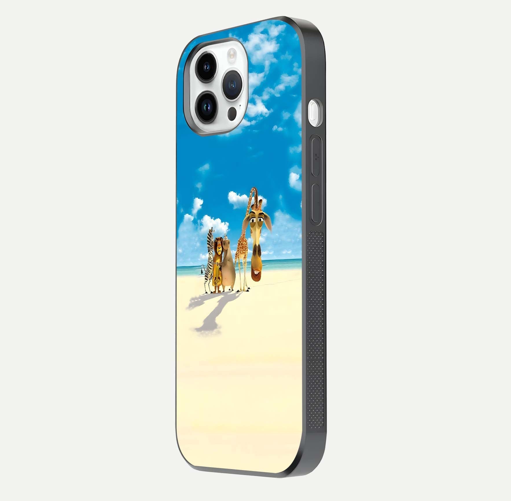 Tropical Fun Squad Glass Case for iPhone 14 Pro side-angle image showing shine, color depth, and surface gloss