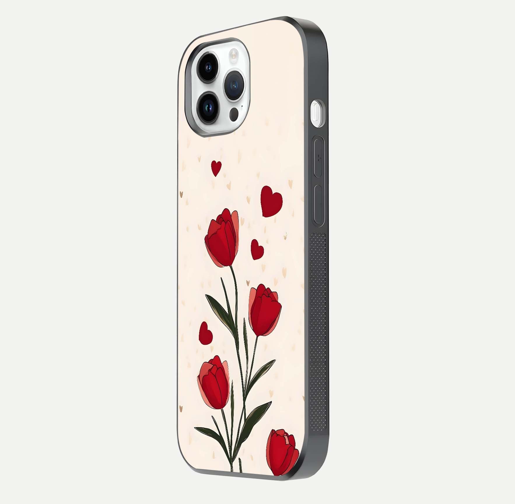 Tulip With Heart Glass Case for iPhone 16 Pro side-angle image showing floral reflection and subtle gradient
