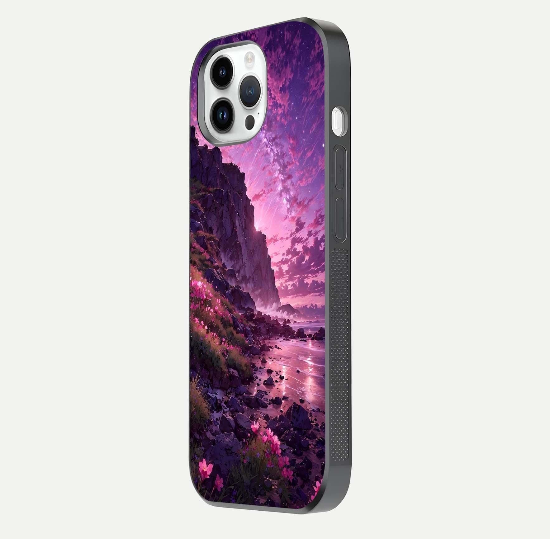 Twilight Blossom Coast Glass Case for iPhone 14 Pro side-angle image showing shine, reflection, and petal tone