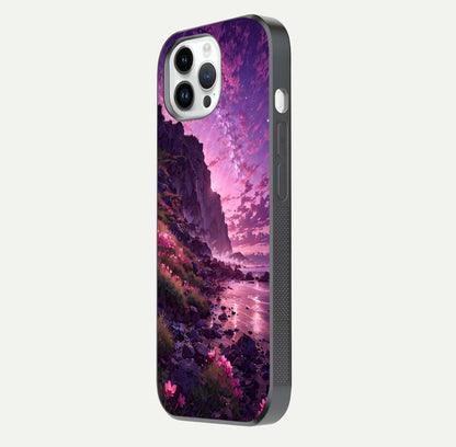 Twilight Blossom Coast Glass Case for iPhone 14 Pro side-angle image showing shine, reflection, and petal tone