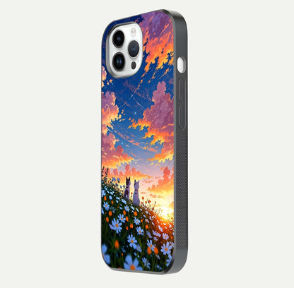 Two Cats Friends Glass Case for iPhone 16 Pro side-angle image showing reflection, gloss, and color depth