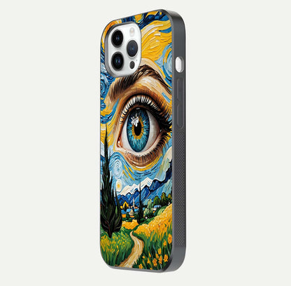 Van Gogh Eye Glass Case for iPhone 16 Pro side-angle image showing reflection, gloss, and artistic contrast
