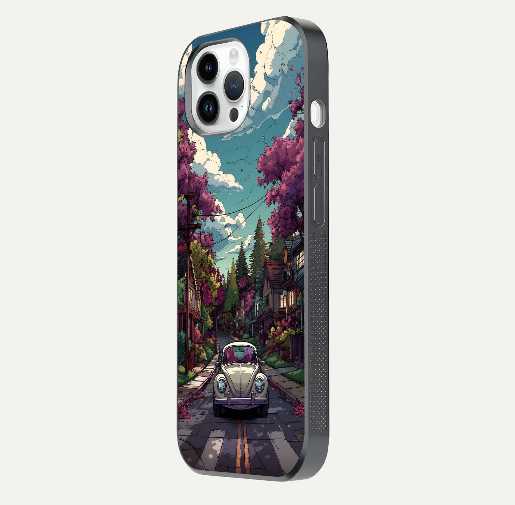 Vintage Street Drive Glass Case for iPhone 16 Pro side-angle image showing gloss reflection and design detail