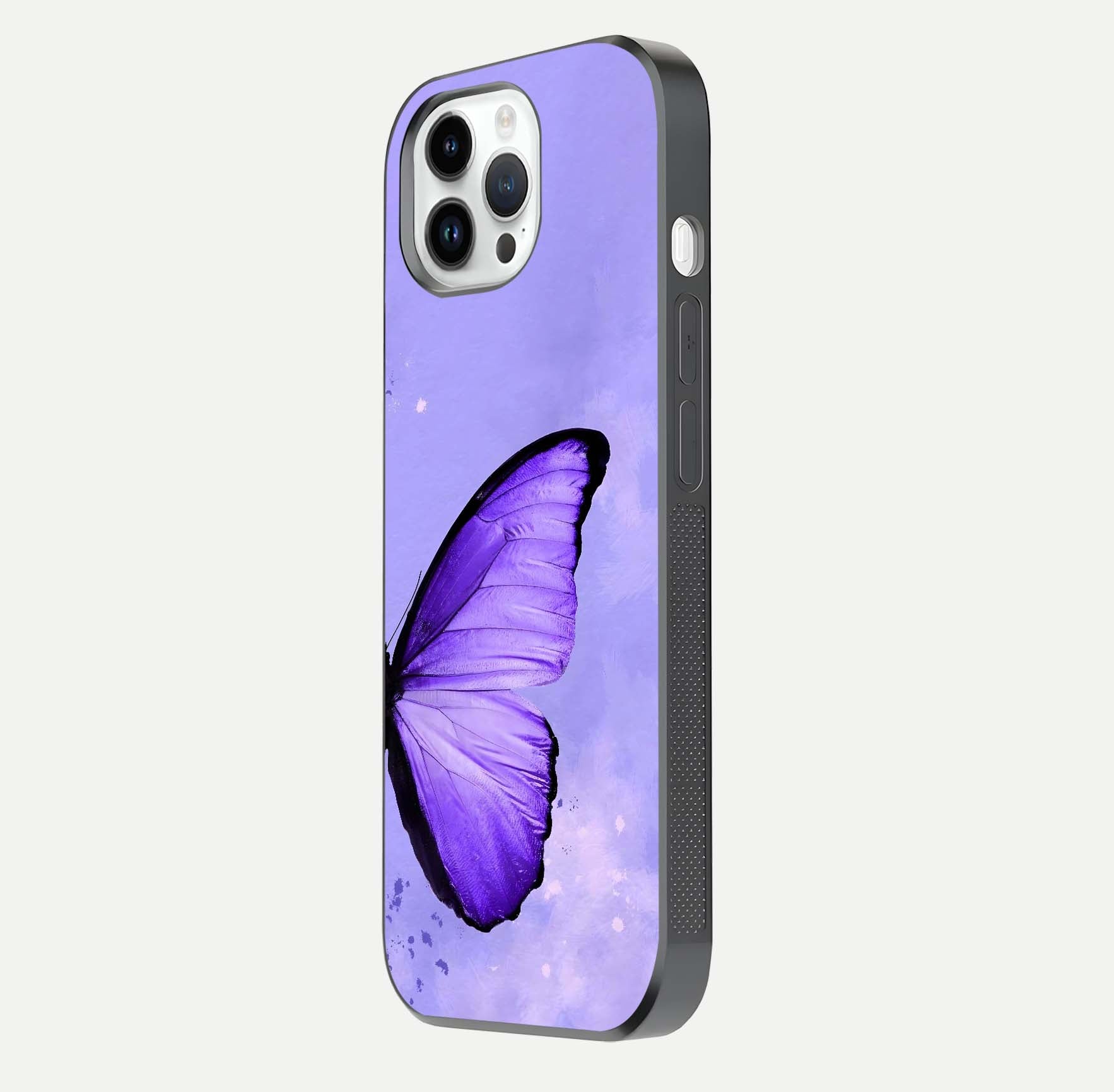 Violet Dream Wing Glass Case for iPhone 14 Pro side-angle image showing gloss, shine, and violet gradient