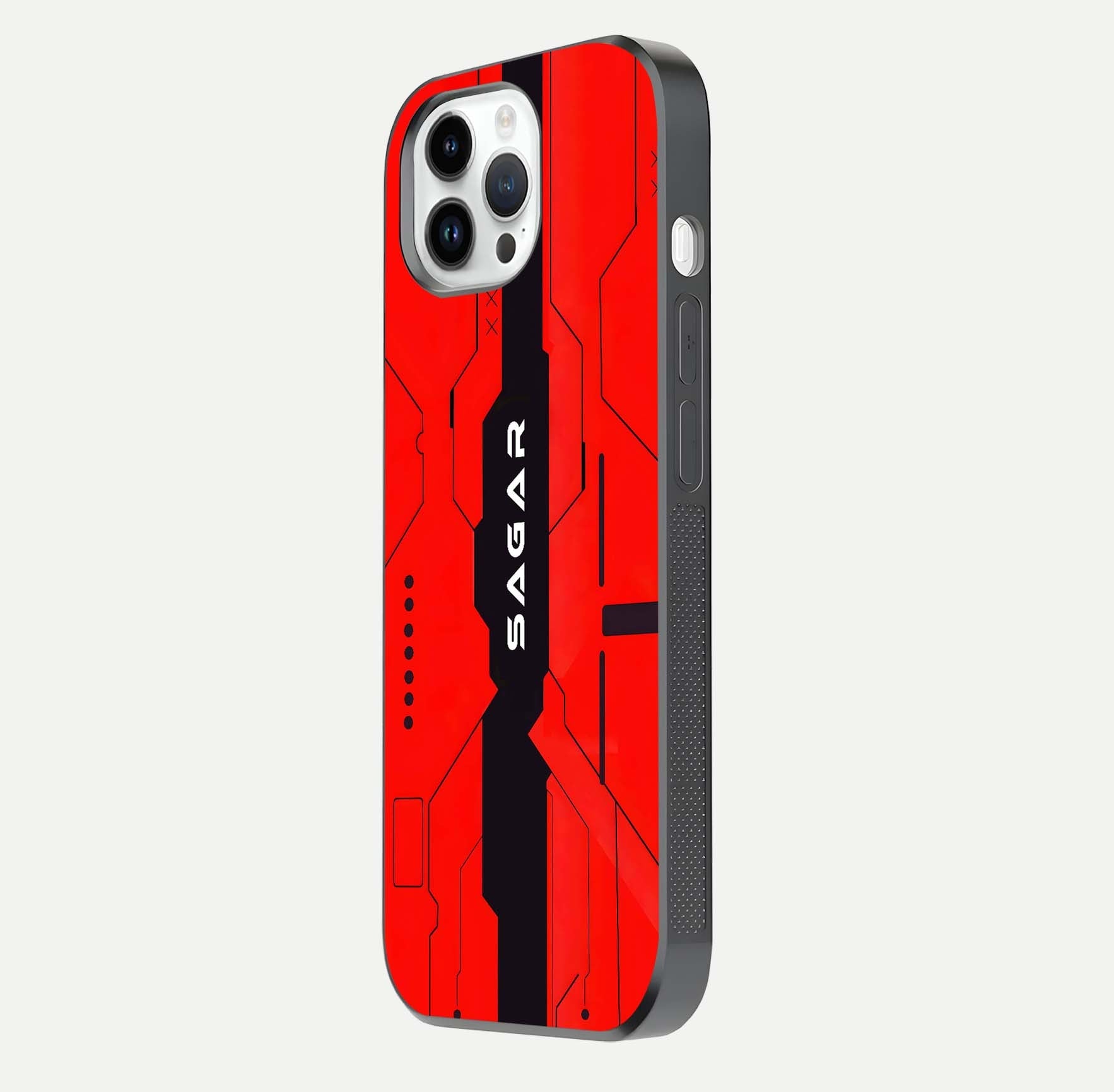 Voltage Rise CYBERPUNK Custom Name Glass Case for iPhone 14 Pro side-angle image showing gloss and cyberpunk detail