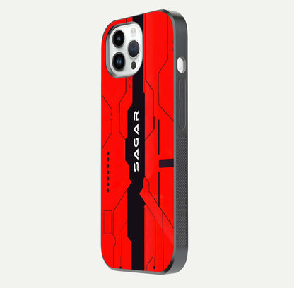 Voltage Rise CYBERPUNK Custom Name Glass Case for iPhone 14 Pro side-angle image showing gloss and cyberpunk detail