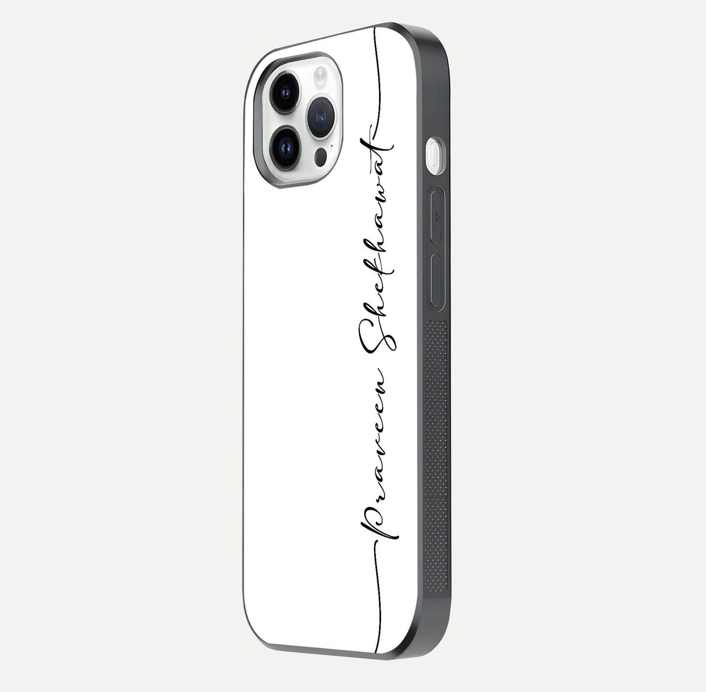White Tune Custom Name Glass Case for iPhone 14 Pro side-angle image showing shine, gloss, and minimal tone
