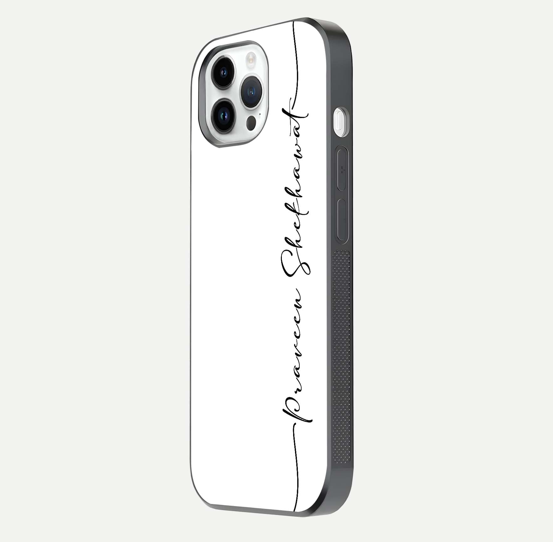 White Tune Custom Name Glass Case for iPhone 14 Pro side-angle image showing shine, gloss, and minimal tone
