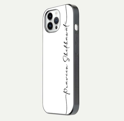 White Tune Custom Name Glass Case for iPhone 14 Pro side-angle image showing shine, gloss, and minimal tone