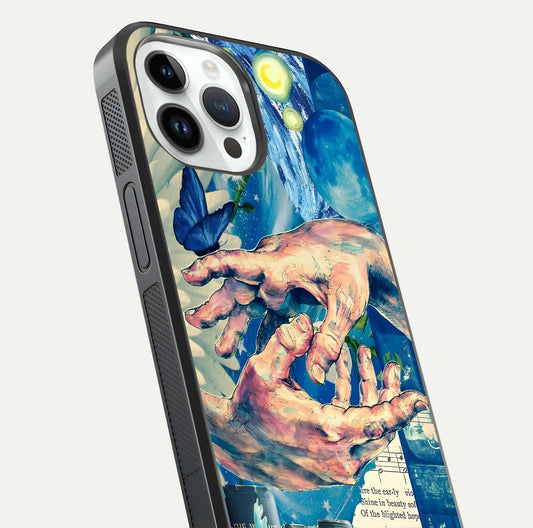 Aesthetic Divider Glass Case for iPhone 14 Pro close-up angled shot showing detailed divider artwork and gloss reflection