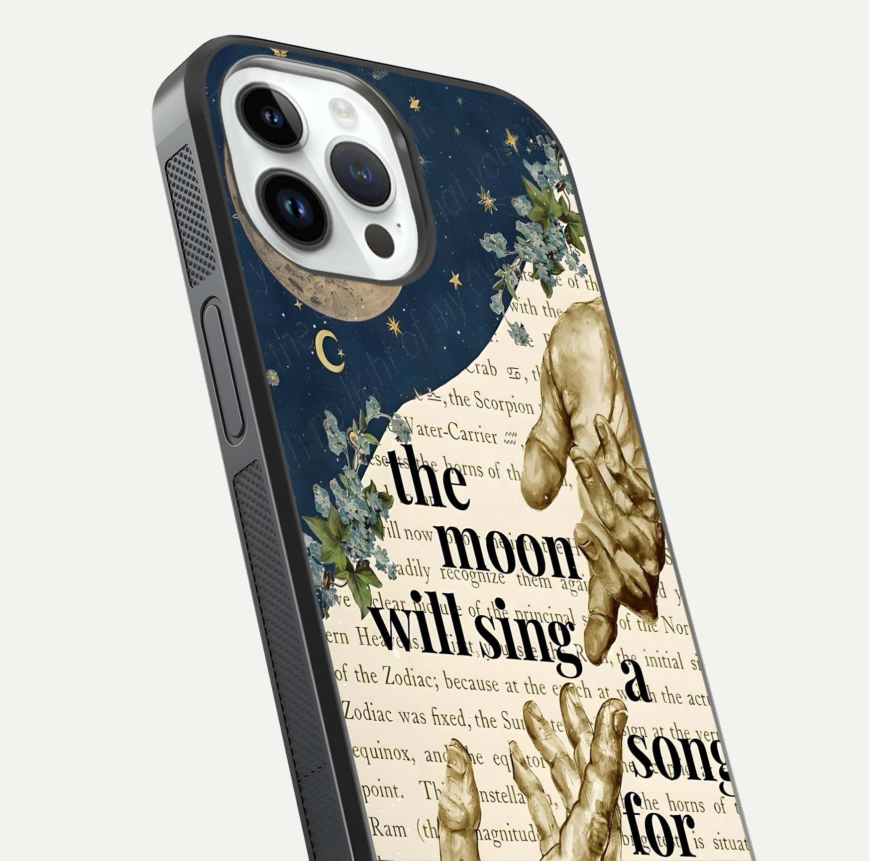 Aesthetic Divine Glass Case for iPhone 16 Pro close-up angled shot showing detailed divine artwork and gloss reflection