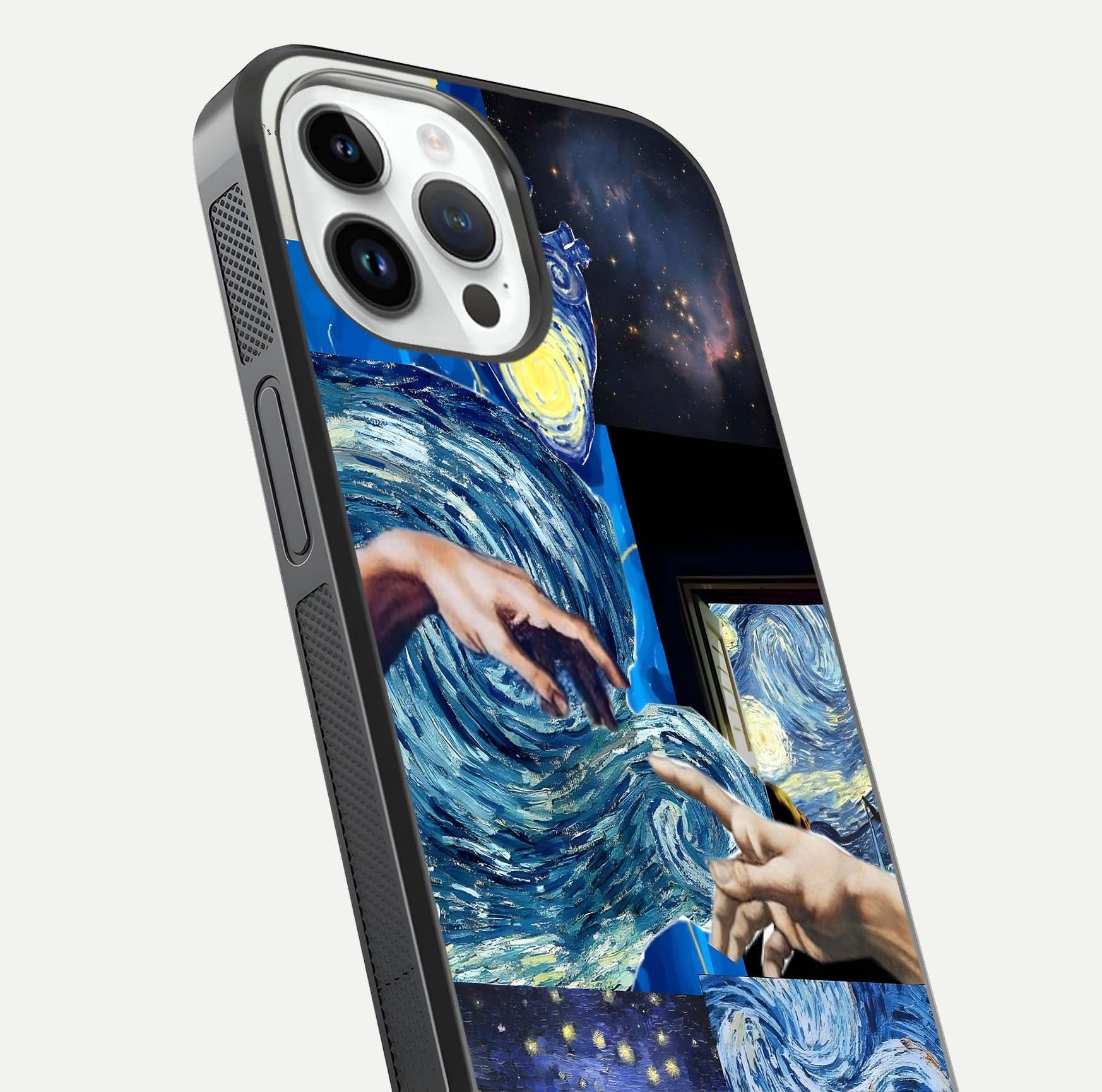Aesthetic Vando Hands Glass Case for iPhone 16 Pro close-up angle showing fine detailing of hand artwork and glass reflection