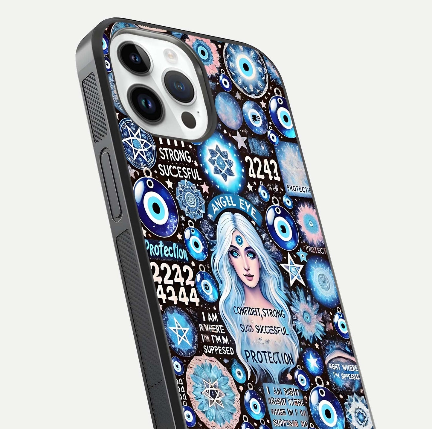 Angel Aura Shield Glass Case for iPhone 16 Pro close-up view capturing aura glow, metallic tones, and shine texture