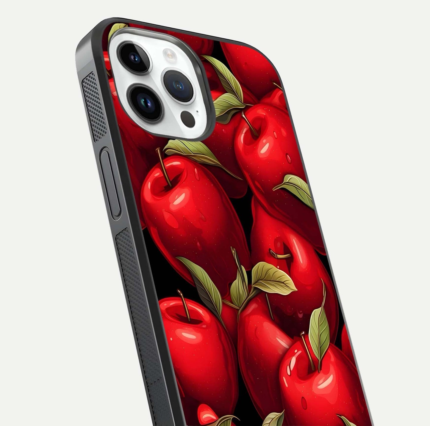 Apple Pattern Glass Case for iPhone 16 Pro close-up angle showing pattern texture and shine reflection