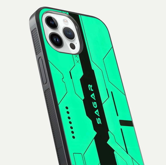 Aqua Tech CYBERPUNK Custom Name Glass Case for iPhone 14 Pro close-up angle showing futuristic blue lights and reflections