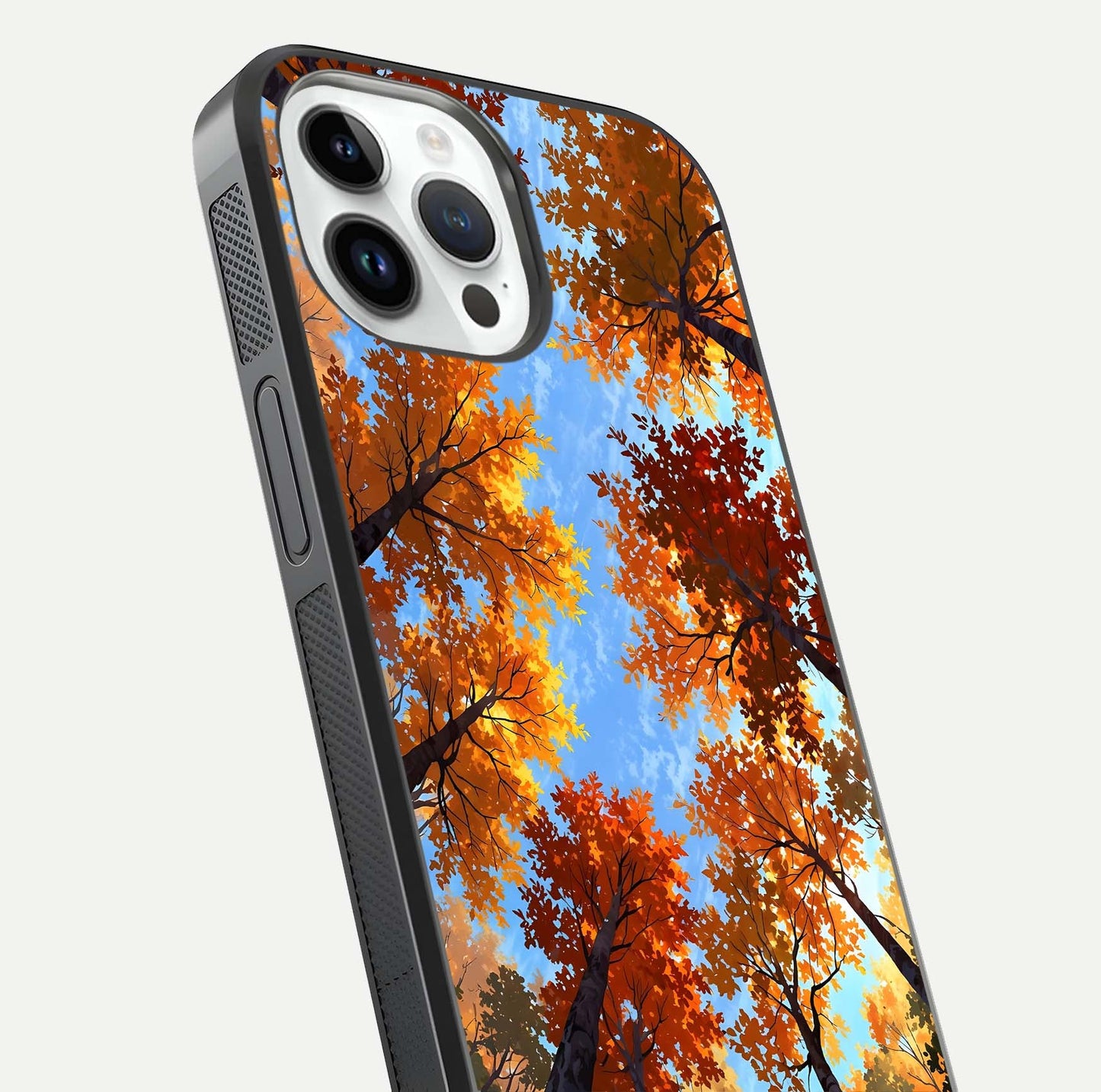 Autumn Sky Rise Glass Case for iPhone 16 Pro close-up shot of autumn tone details and HD shine reflection