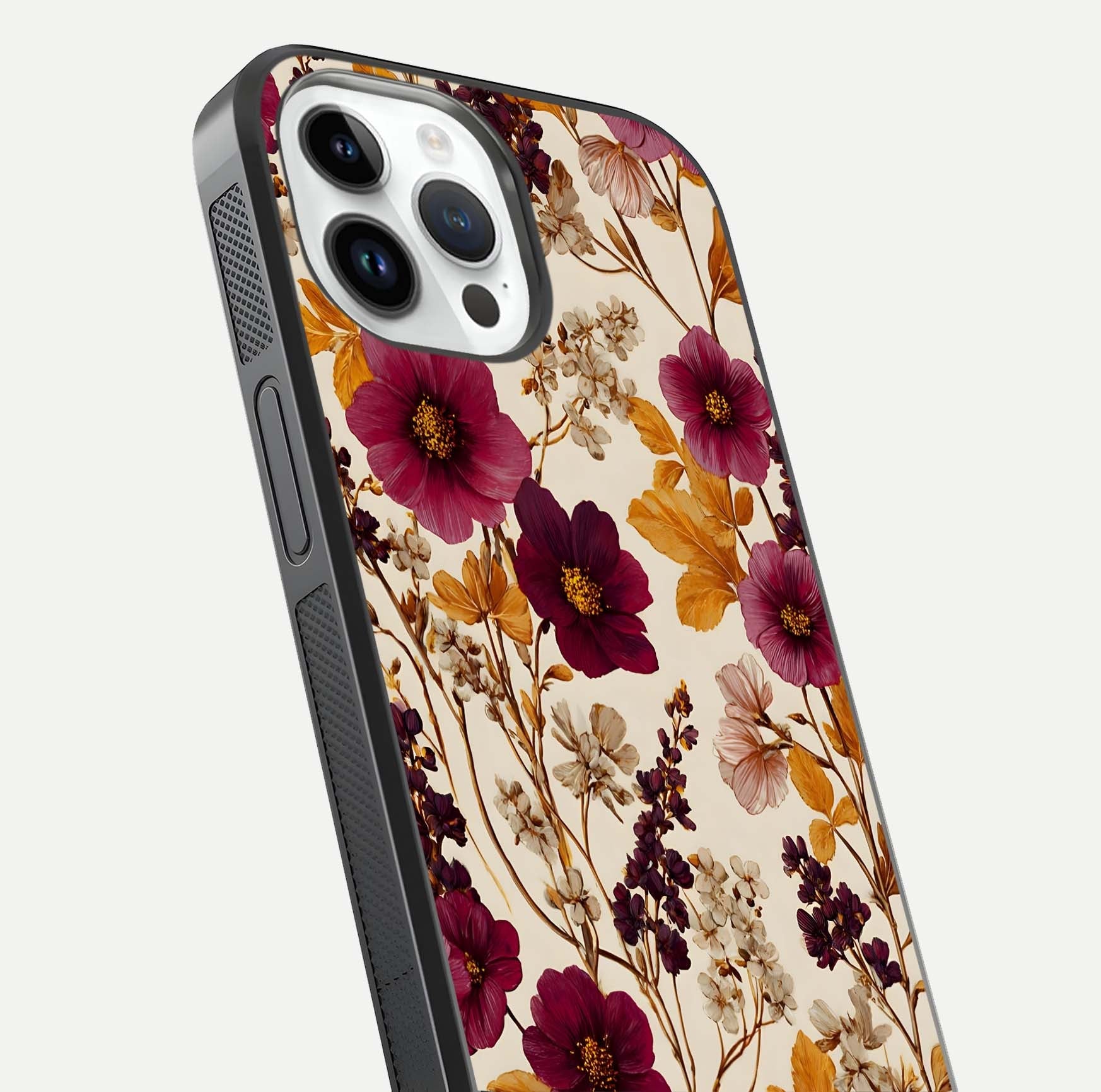 Autumn Wine Bloom Glass Case for iPhone 16 Pro close-up highlighting petal detail and gloss reflection
