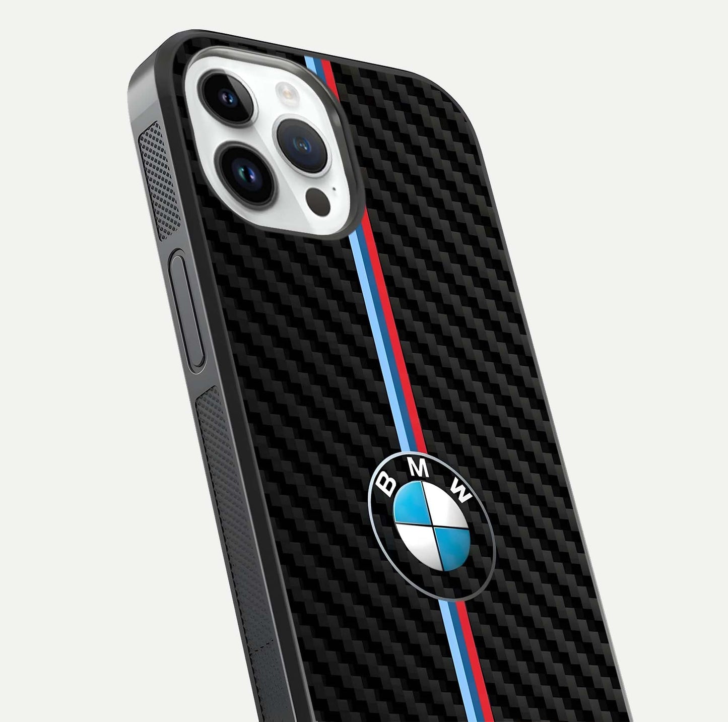 BMW Pattern Glass Case for iPhone 14 Pro close-up angle showing BMW logo detailing and high-reflect gloss texture
