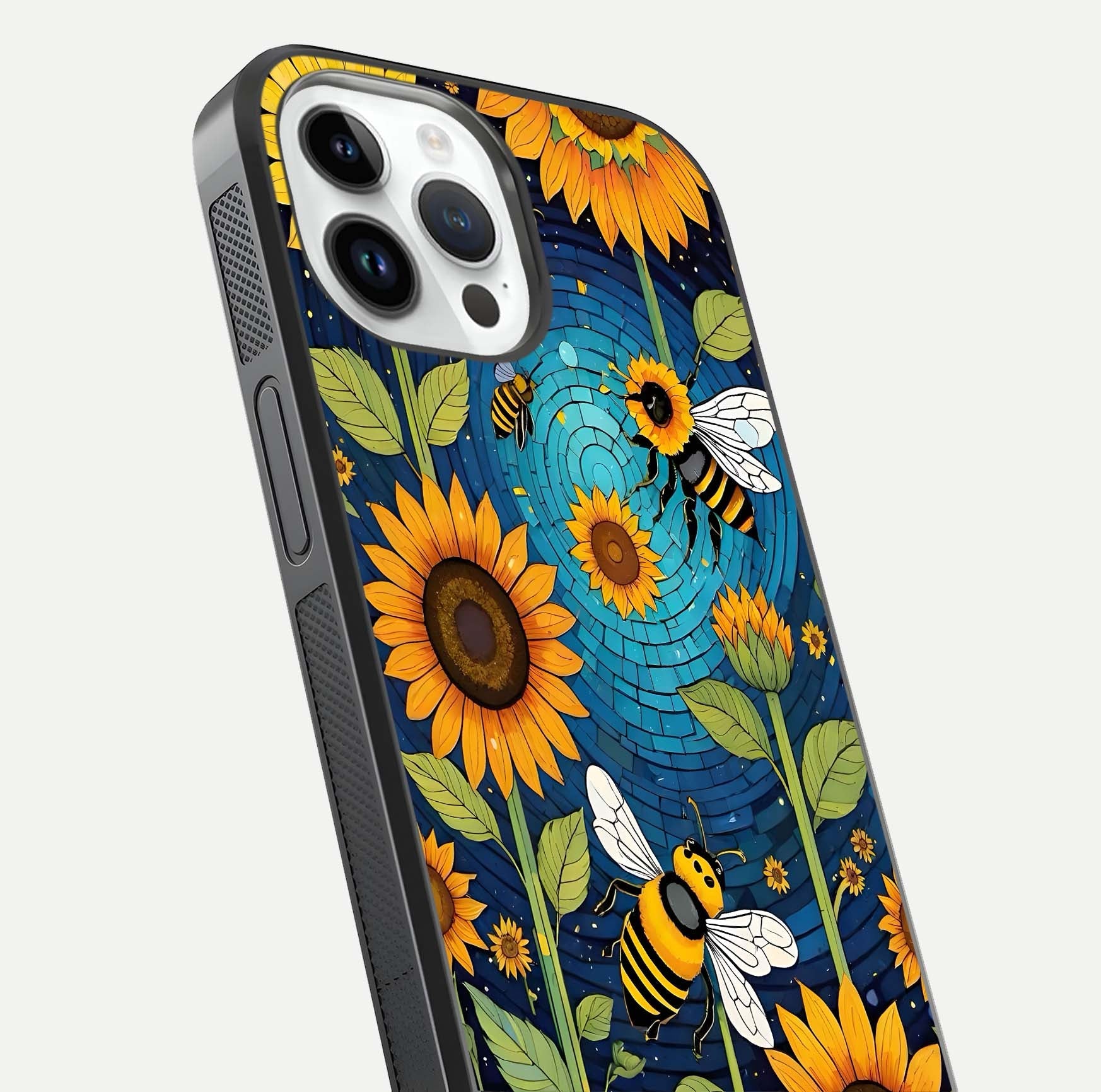 Bees & Sunflowers Glass Case for iPhone 16 Pro close-up angled shot showing detailed petals, bee prints, and glass reflection