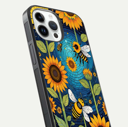 Bees & Sunflowers Glass Case for iPhone 16 Pro close-up angled shot showing detailed petals, bee prints, and glass reflection