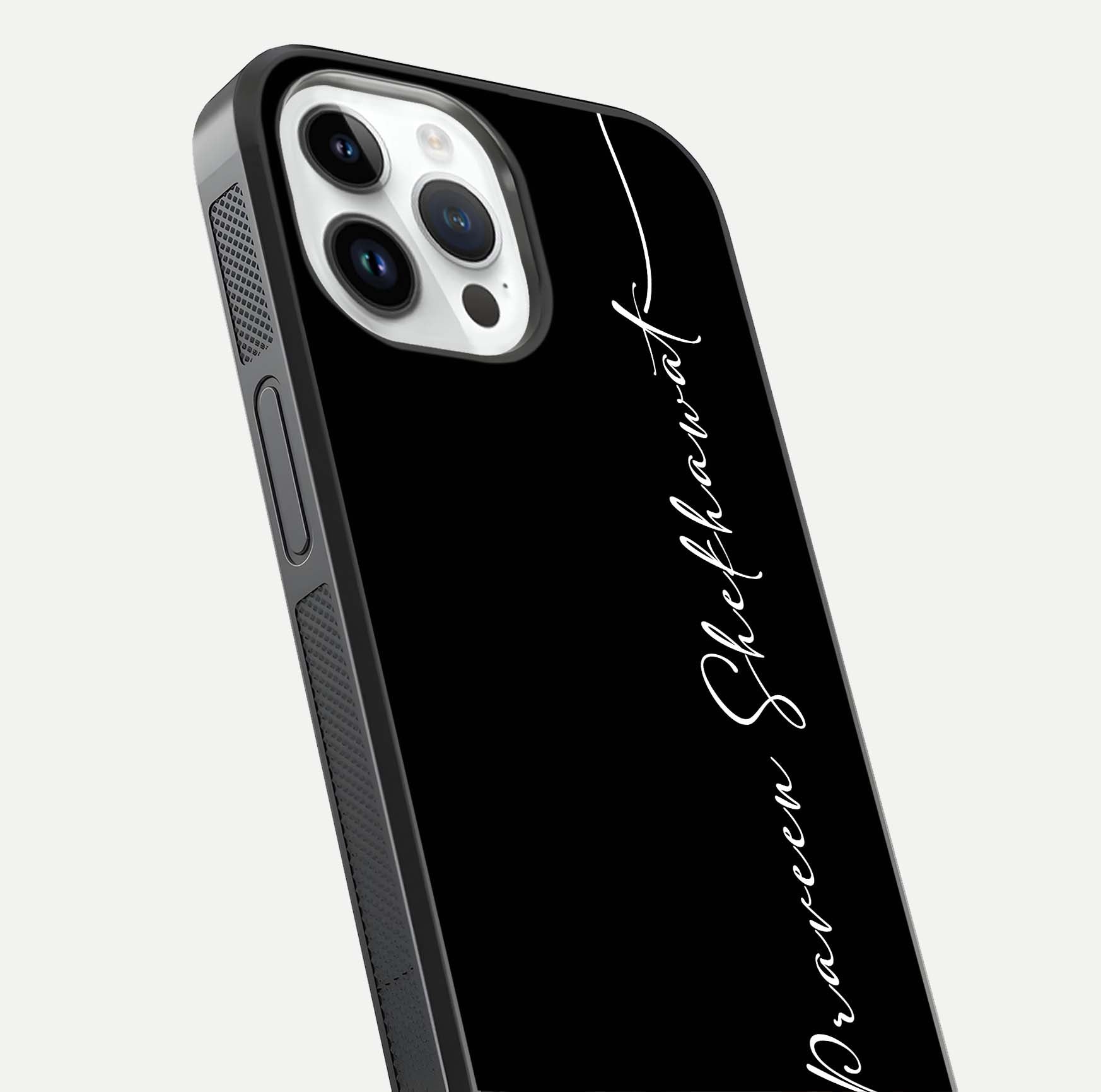 Black Tune Custom Name Glass Case for iPhone 16 Pro close-up shot highlighting sleek monochrome design and reflection