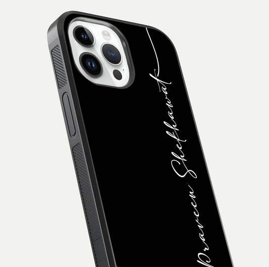 Black Tune Custom Name Glass Case for iPhone 14 Pro close-up shot highlighting sleek monochrome design and reflection