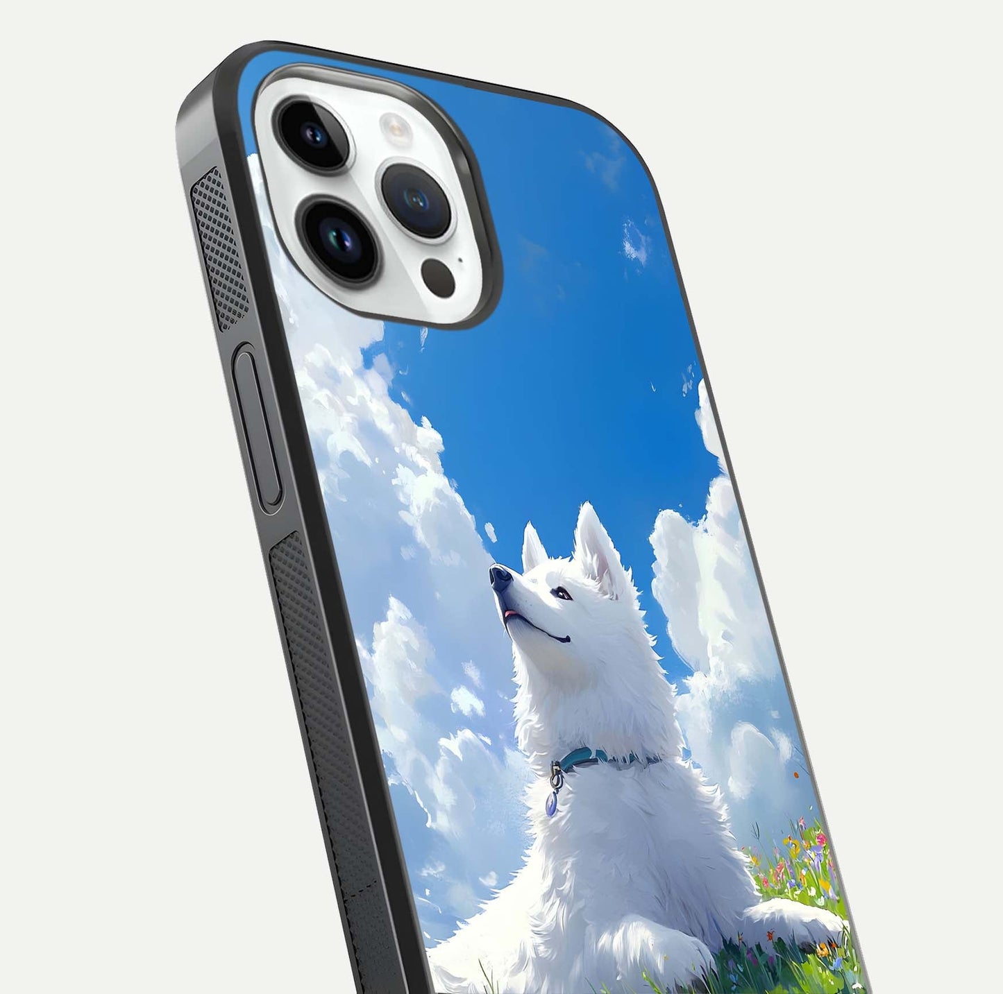 Blissful Cloud Pup Glass Case for iPhone 16 Pro close-up image highlighting puppy details and glossy reflection
