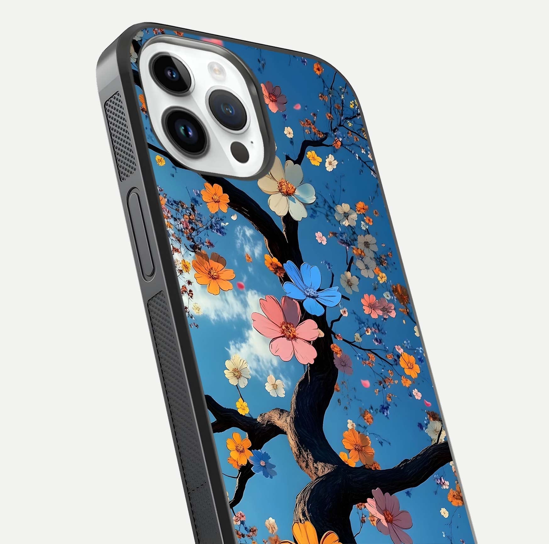 Blossom Dream Sky Glass Case for iPhone 14 Pro close-up shot highlighting dreamlike clouds and pink blossoms