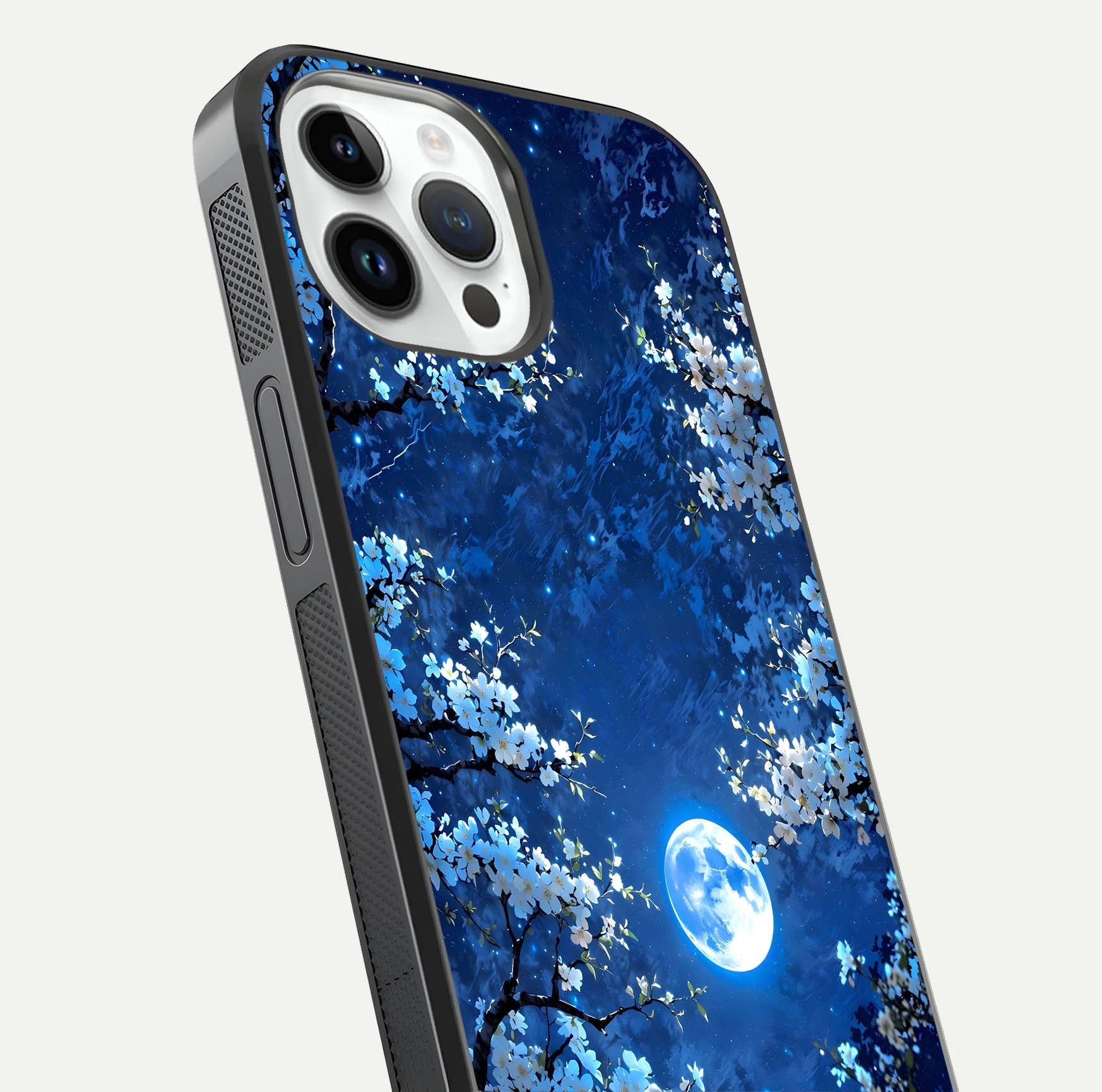 Blossom Moonlight Sky Glass Case for iPhone 16 Pro close-up angle capturing moon glow and flower detail reflections