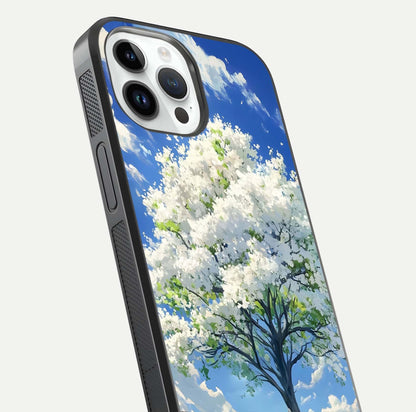 Blossom Sky Serenity Glass Case for iPhone 14 Pro close-up highlighting calming flower details and reflection gloss