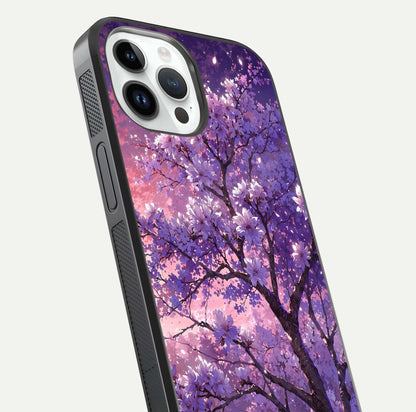 Blossom Tree Glass Case for iPhone 14 Pro close-up image highlighting tree branches, blossoms, and shine