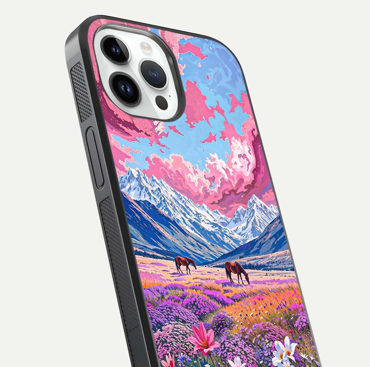Blossom Valley Dream Glass Case for iPhone 14 Pro close-up view showing detailed flower print and pastel hues