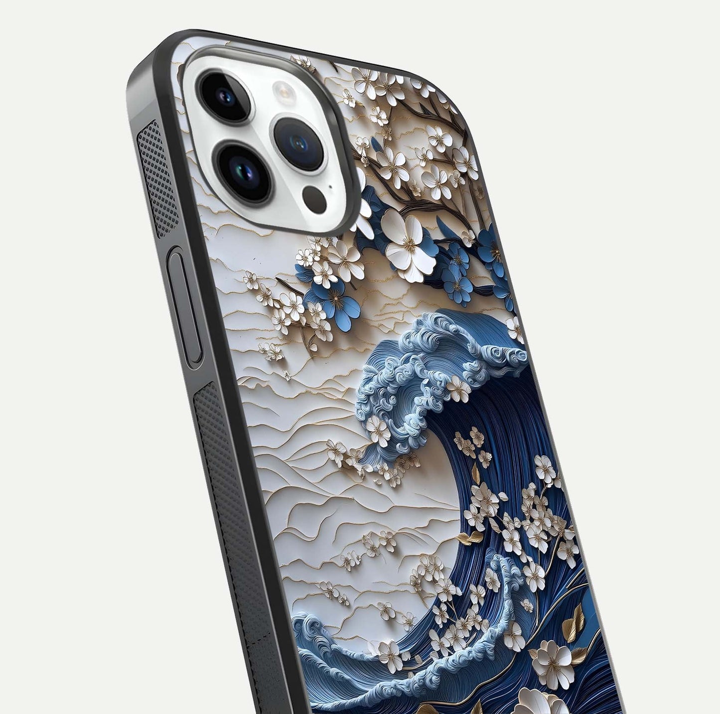 Blossom Wave Art Glass Case for iPhone 14 Pro close-up shot highlighting wave motion in floral art and reflection