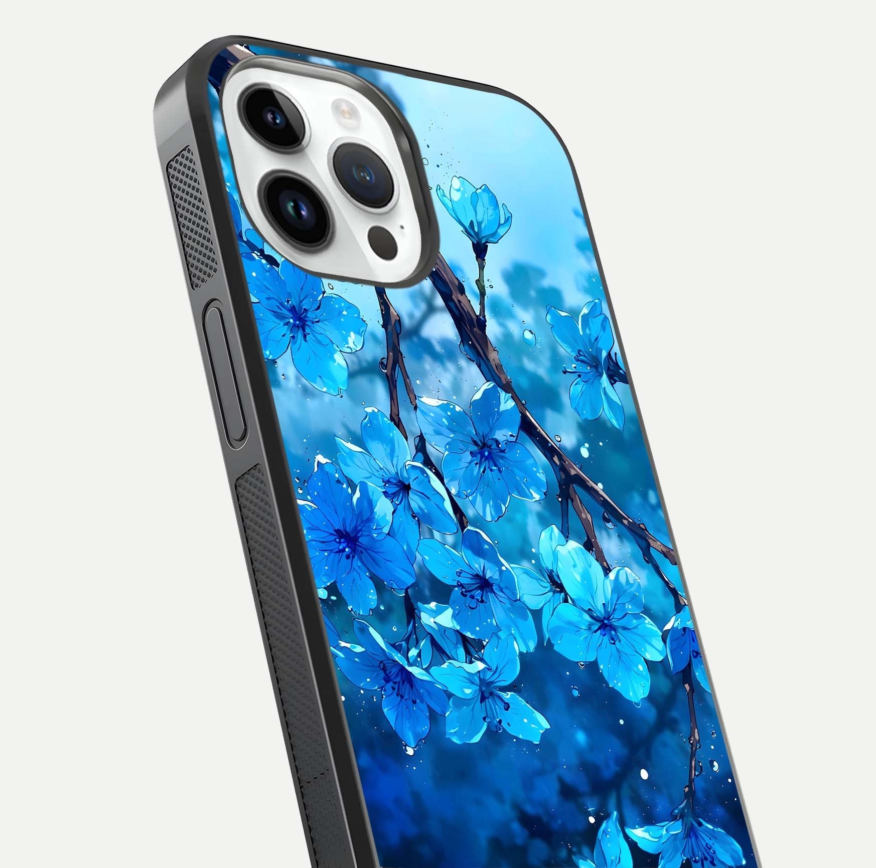 Blue Blossoms Branch Glass Case for iPhone 16 Pro close-up angle highlighting petal details and reflection gloss