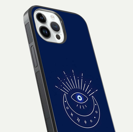 Blue Evil Eye Glass Case for iPhone 14 Pro close-up shot highlighting eye motif, protection symbol, and glass shine