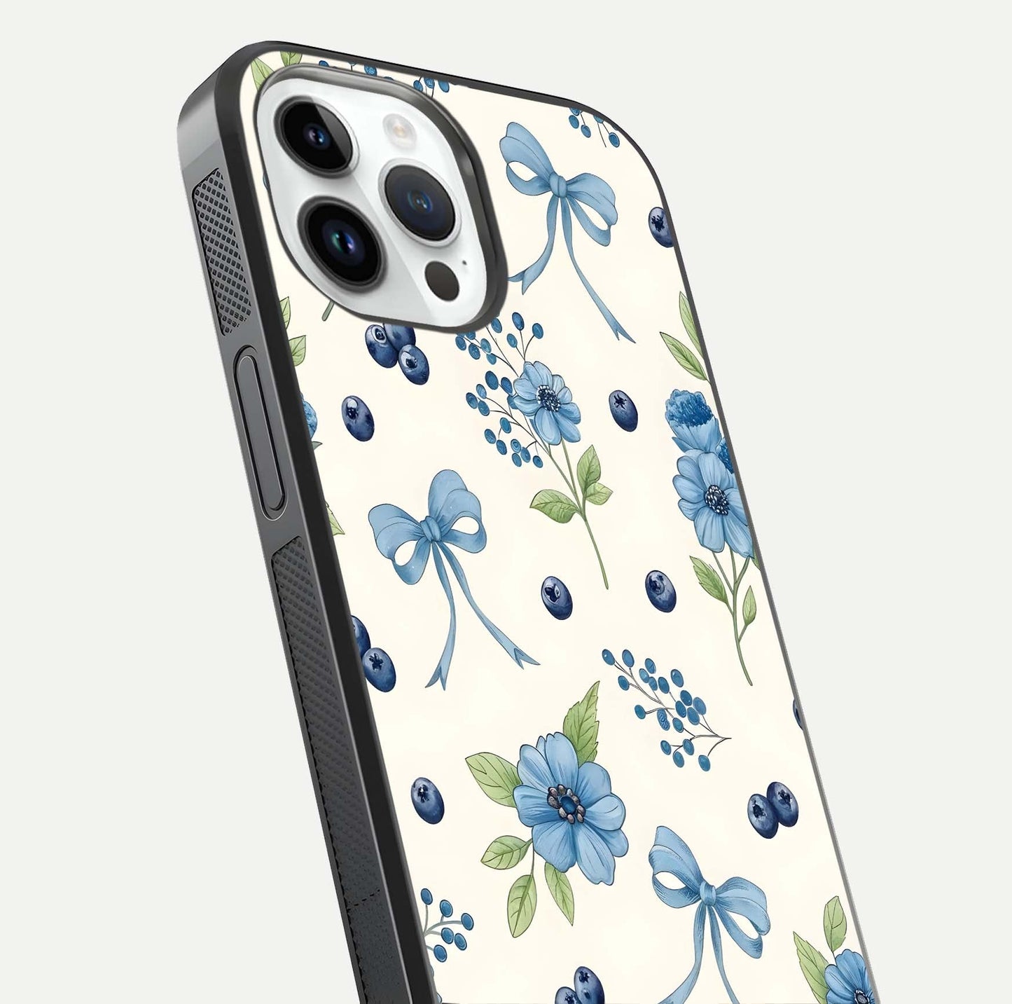 Blue Flower & Bow Glass Case for iPhone 16 Pro close-up shot highlighting ribbon detail and flower gloss finish