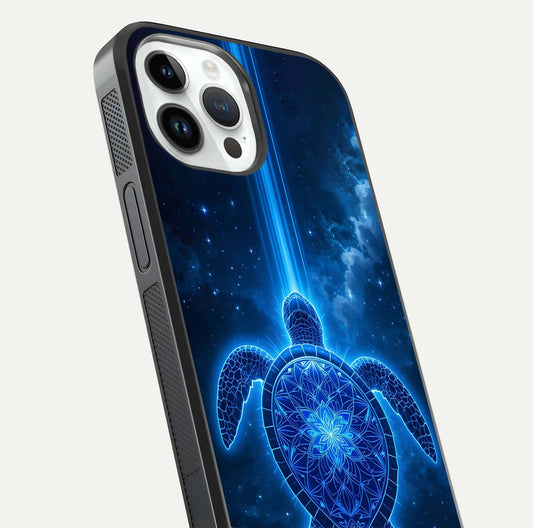 Blue Galaxy Turtle Glass Case for iPhone 14 Pro close-up image showing turtle shell detail and glowing galaxy tones