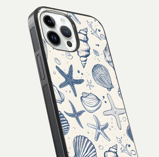 Blue Ocean Outline Glass Case for iPhone 14 Pro close-up shot highlighting line art details and reflection texture