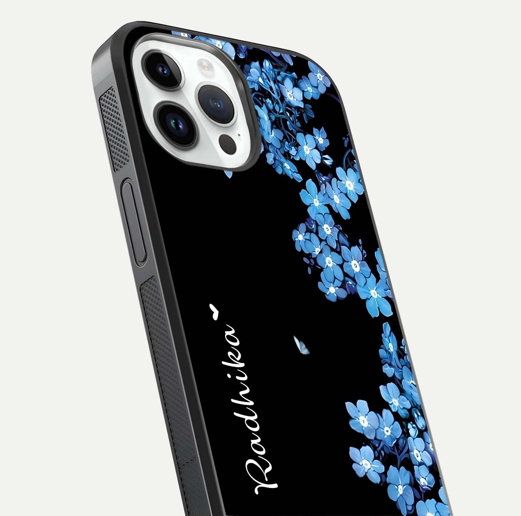 Blue Petal Dream Custom Name Glass Case for iPhone 14 Pro close-up highlighting petal texture and gloss reflection