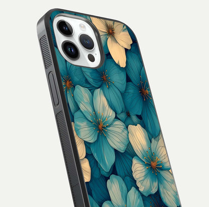 Blue Shade Floral Glass Case for iPhone 14 Pro close-up angle showing flower print precision and reflection