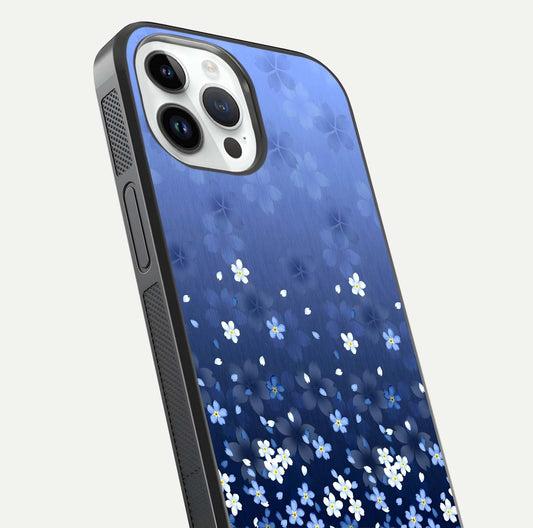 Blue Starry Glass Case for iPhone 14 Pro close-up image highlighting sparkle details and midnight blue gradient