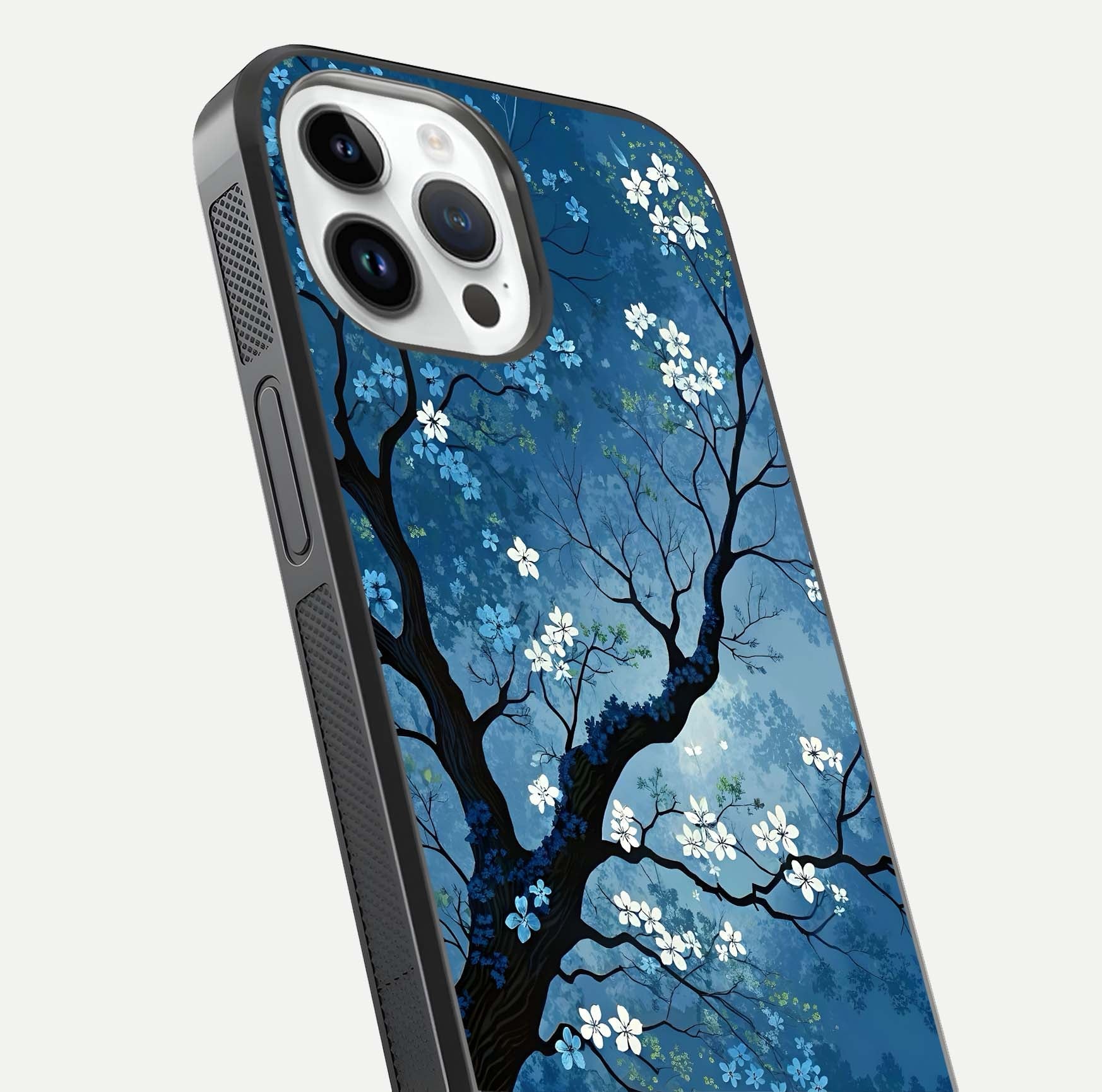 Blue Tree Serenity Glass Case for iPhone 14 Pro close-up view highlighting tree branches and reflection gloss